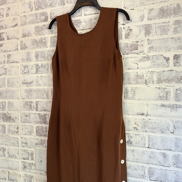 Vintage PATRICK 100% Silk Maxi Dress Brown Button Up Slit Women’s Size 10 - Picture 2 of 11